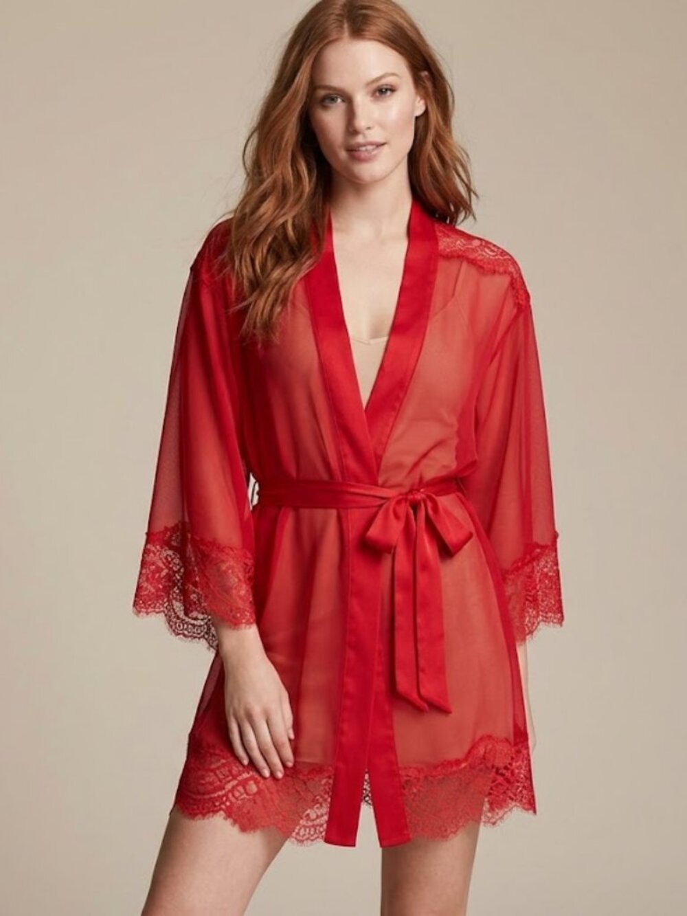 Rare‎ Chantilly VS Lace Trim Short Robe Kimono One Size Red